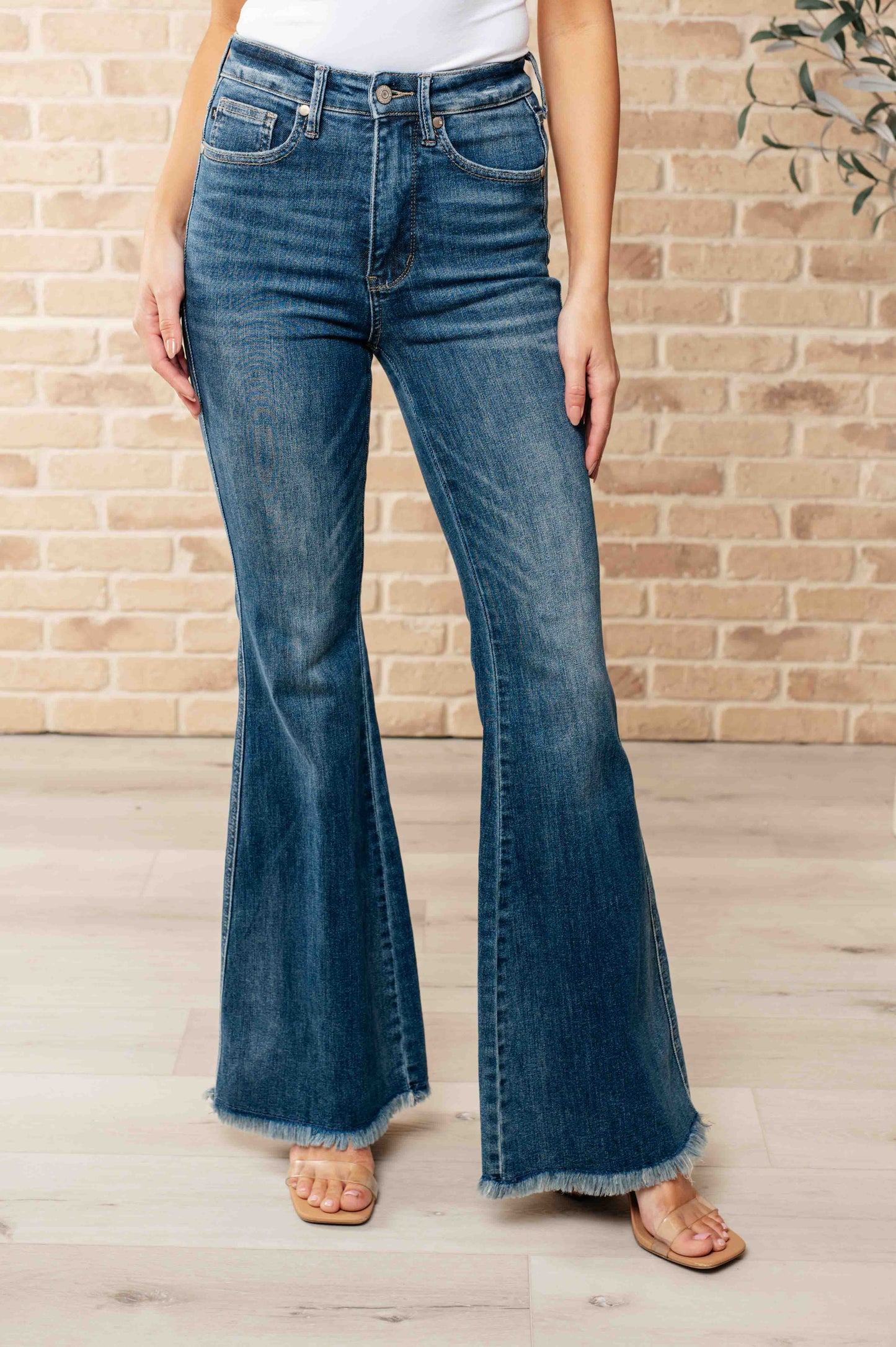 Miley High Waist Control Top Frayed Hem Flare Jeans